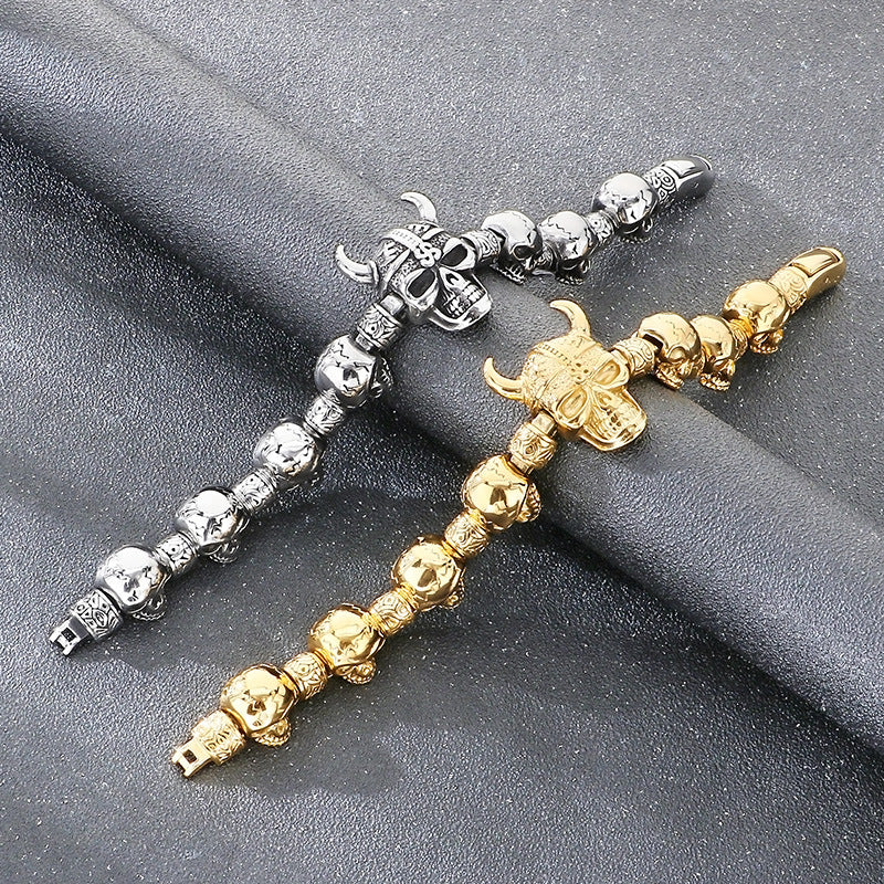 Layered Ghost Head – Punk Style Viking Horn Skull Men's Stainless Steel Bracelet