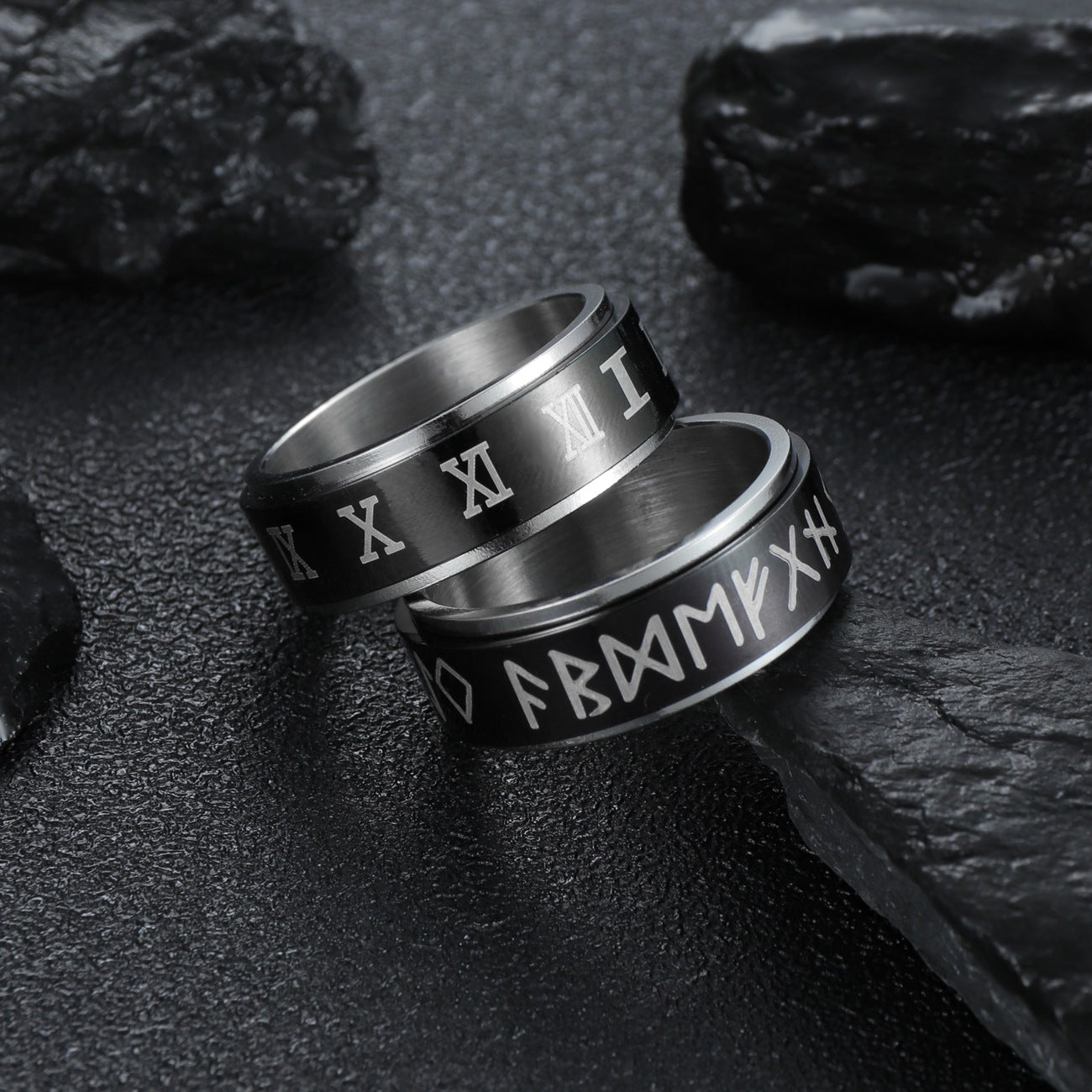Viking Rune Steel Rotating Ring with Roman Numeral Design - Men's Handcrafted Stress Relief Jewelry