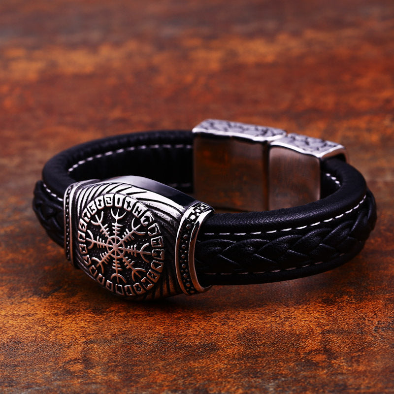 Viking-Inspired Stainless Steel and Leather Wide Bracelet for Men – Retro Engraved Jewelry