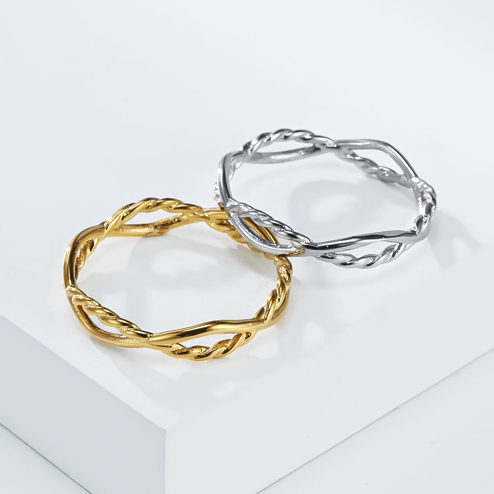 Planderful Titanium Steel Ring With Double Strand Braided Twist Geometric Winding Design For Women