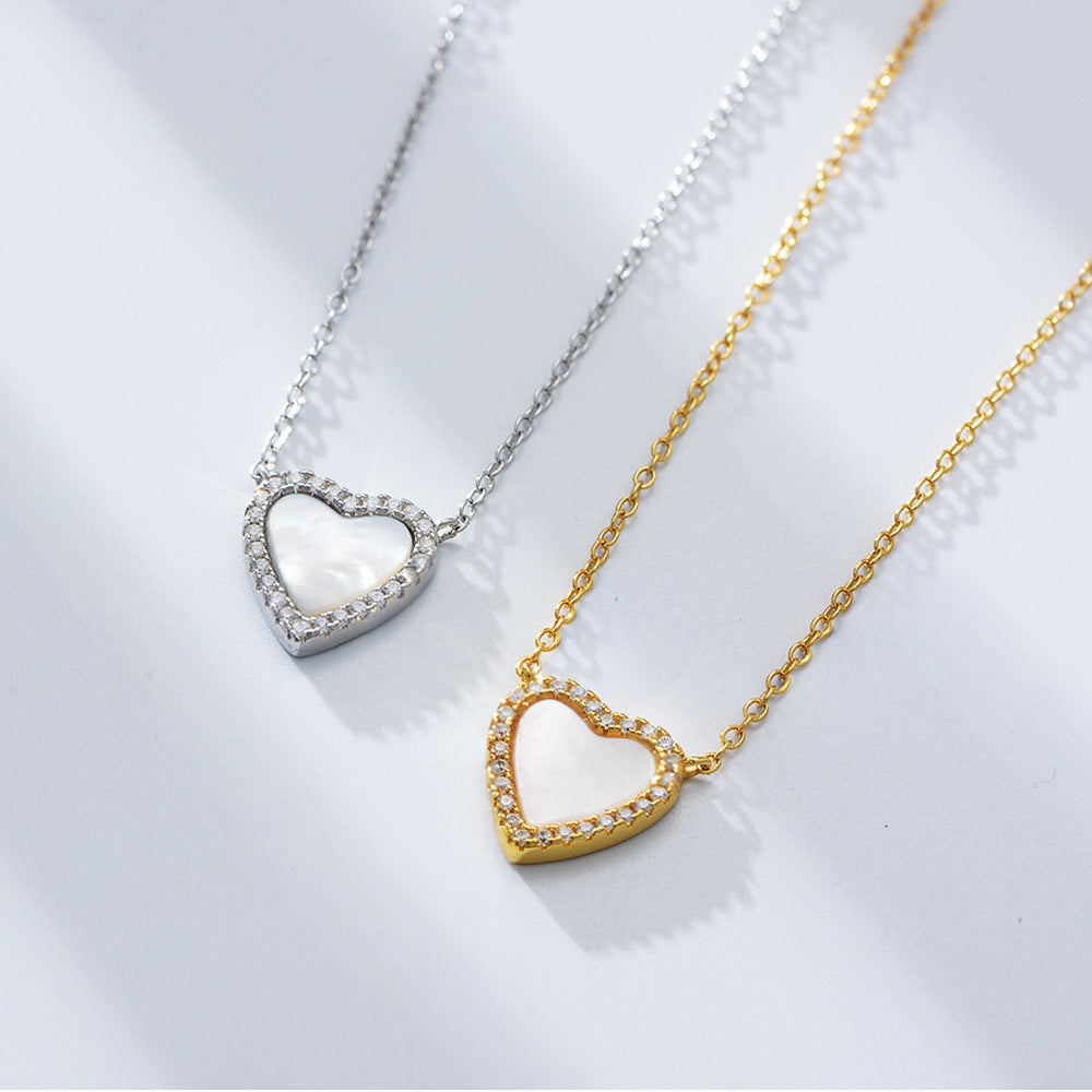 S925 Sterling Silver Love-Shaped Shell Pendant Necklace Korean Version Zircon