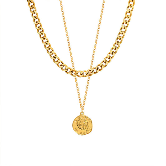 Gold-Plated Double-Layer Portrait Necklace with Trendy Design for Women