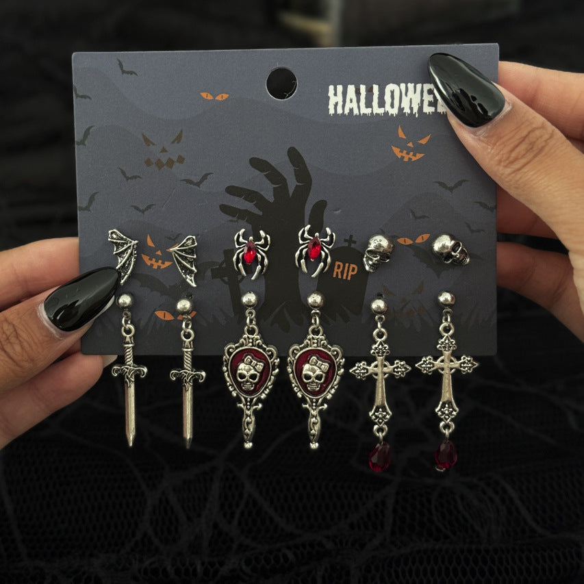 Planderful Gothic Halloween Earrings Set Spider Web Bat Blood Cross With Roses For Women Vienna Verve