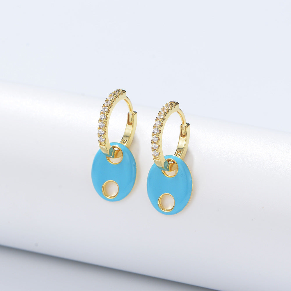 925 Sterling Silver Wind Color Drip Pig Nose Earrings Zircon Earrings Oval Drop