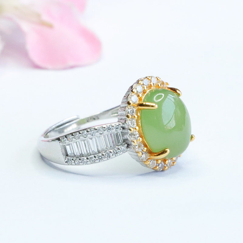 Planderful Collection: Fortune's Favor Oval Natural Hotan Jade Jasper Golden Zircon Silver Halo Ring