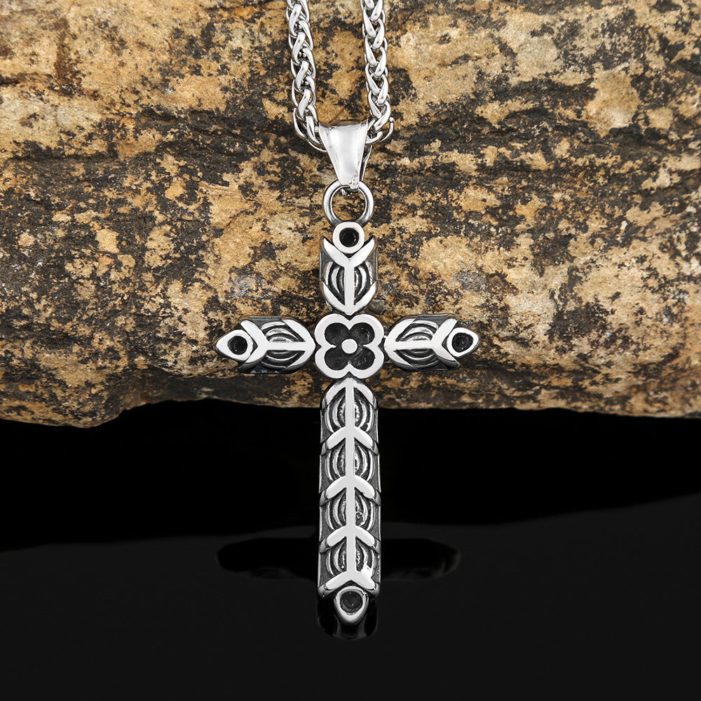 Stainless Steel Cross Flower Necklace for Men with Chain