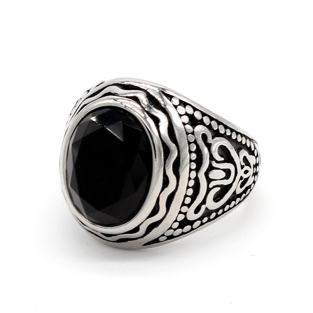 Titanium Steel Ring With Oval Zircon Bold Retro Design Unisex Jewelry Planderful Everyday Genie Collection