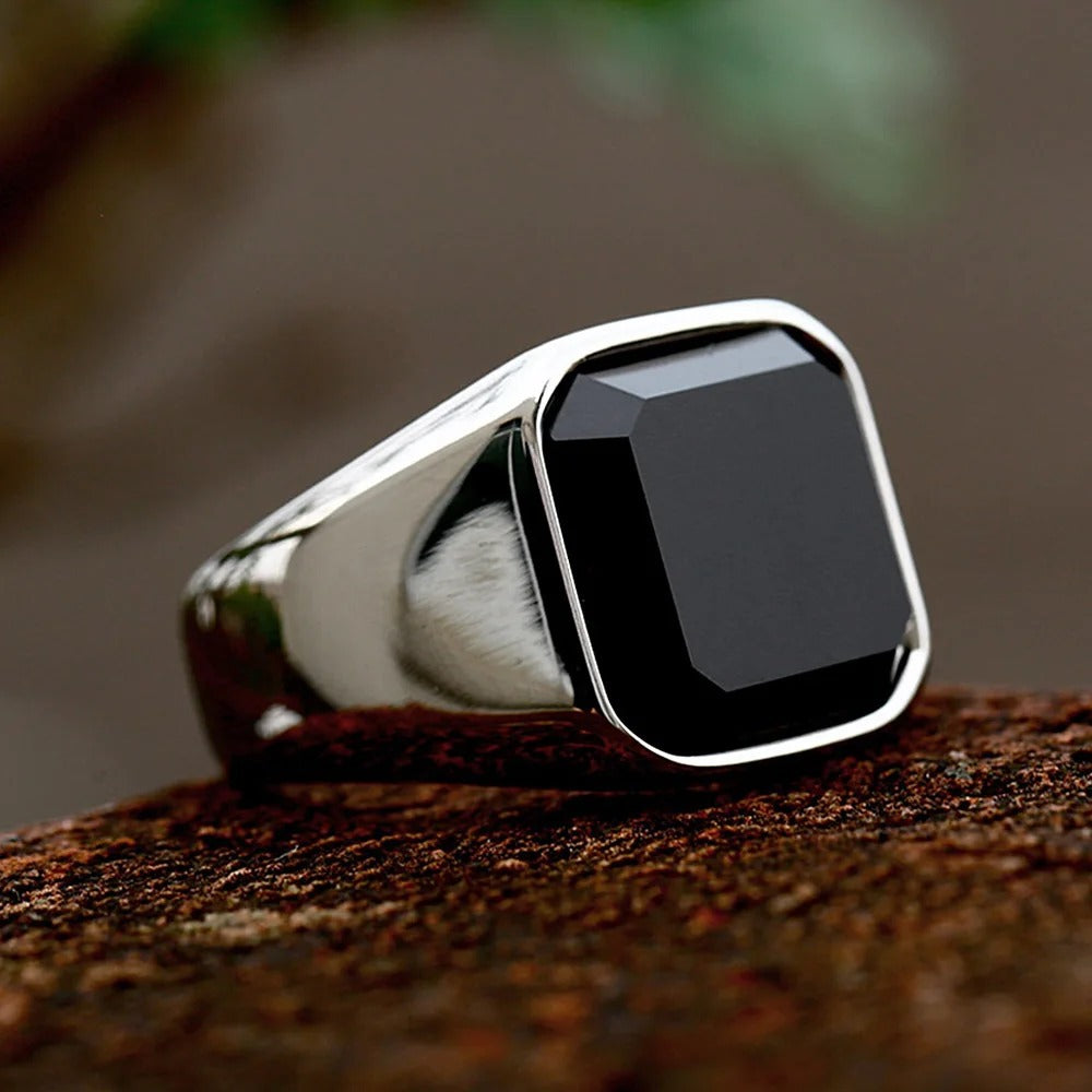 Stainless Steel Black Agate Ring For Men Retro Titanium Style Planderful Everyday Genie Collection
