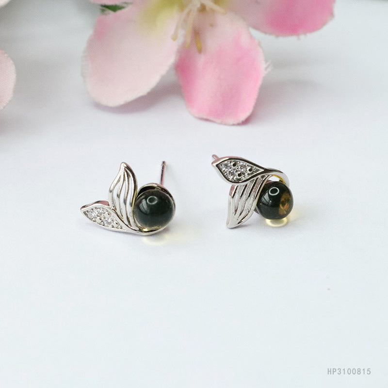 Blue Amber Dolphin 925 Silver Stud Earrings