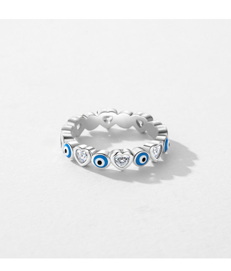 S925 Sterling Silver Blue Eye Heart Ring with Zircon Stacked Wind Detail