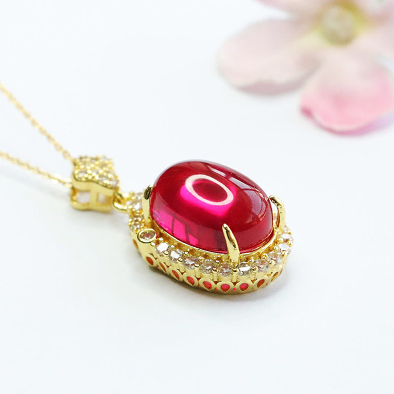 Lab-Grown Ruby Oval Zircon Halo Pendant — No Chain