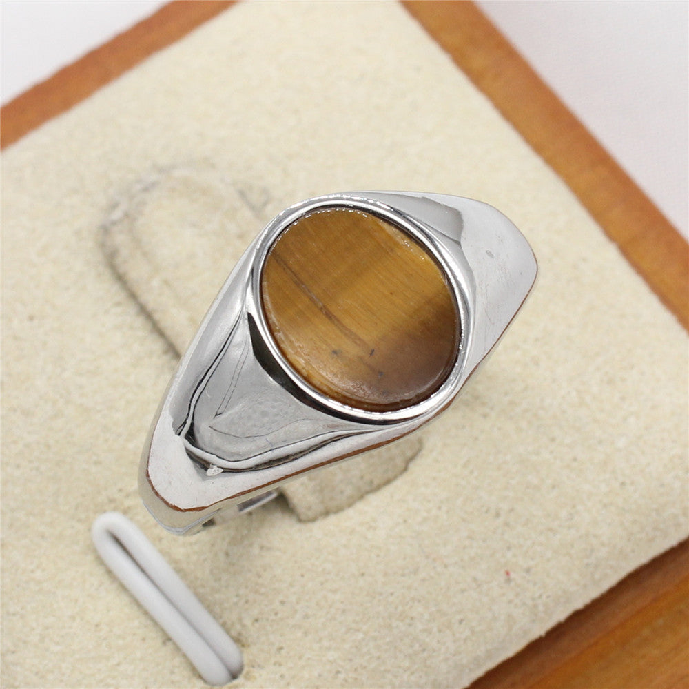 Oval Stone Titanium Steel Ring Unisex Protection Statement Planderful Everyday Genie