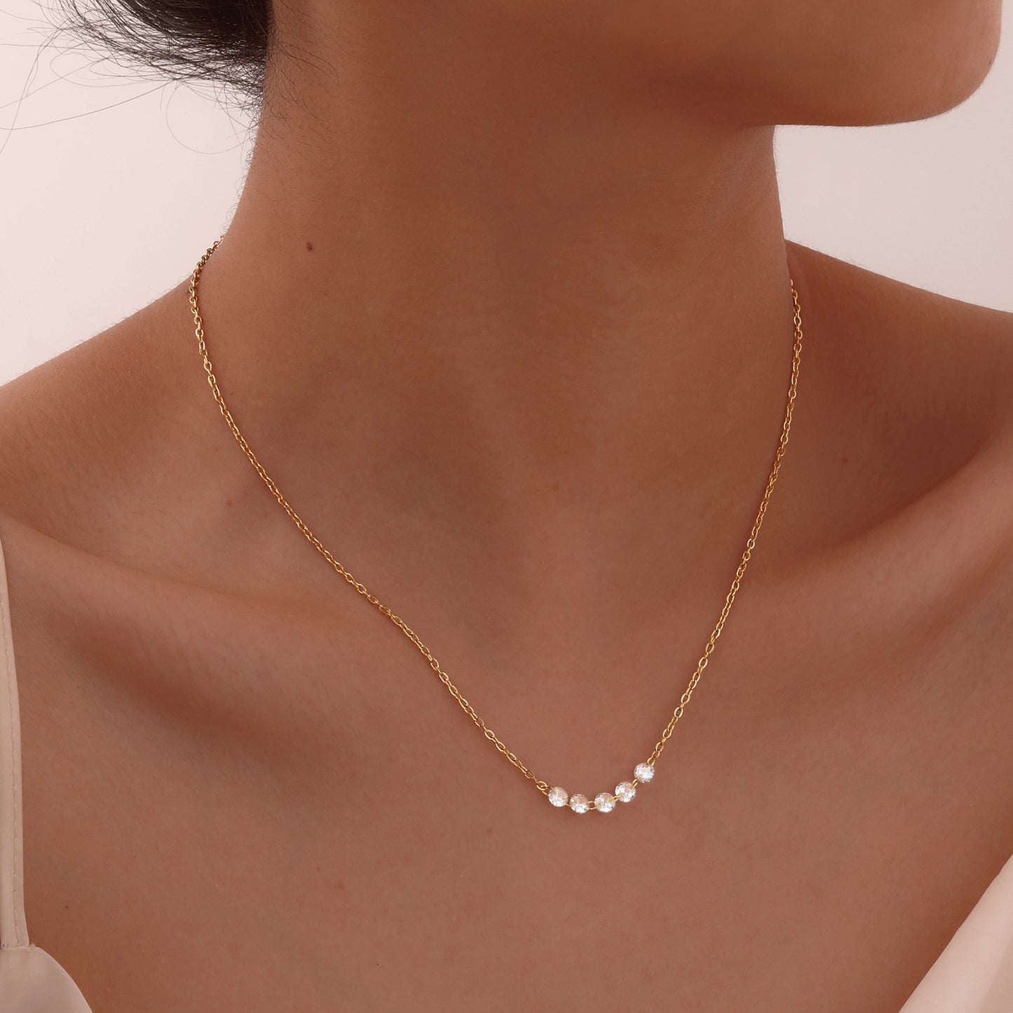 Stainless Steel White Zircon Gold Necklace Ladies