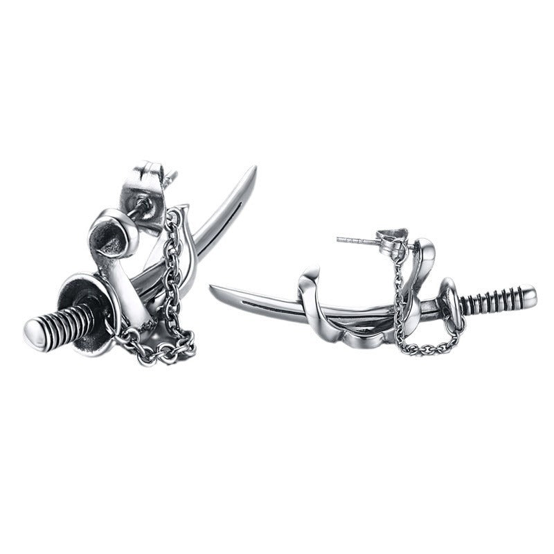 Industrial Nail & Chain Stud Earrings — Silver Pair