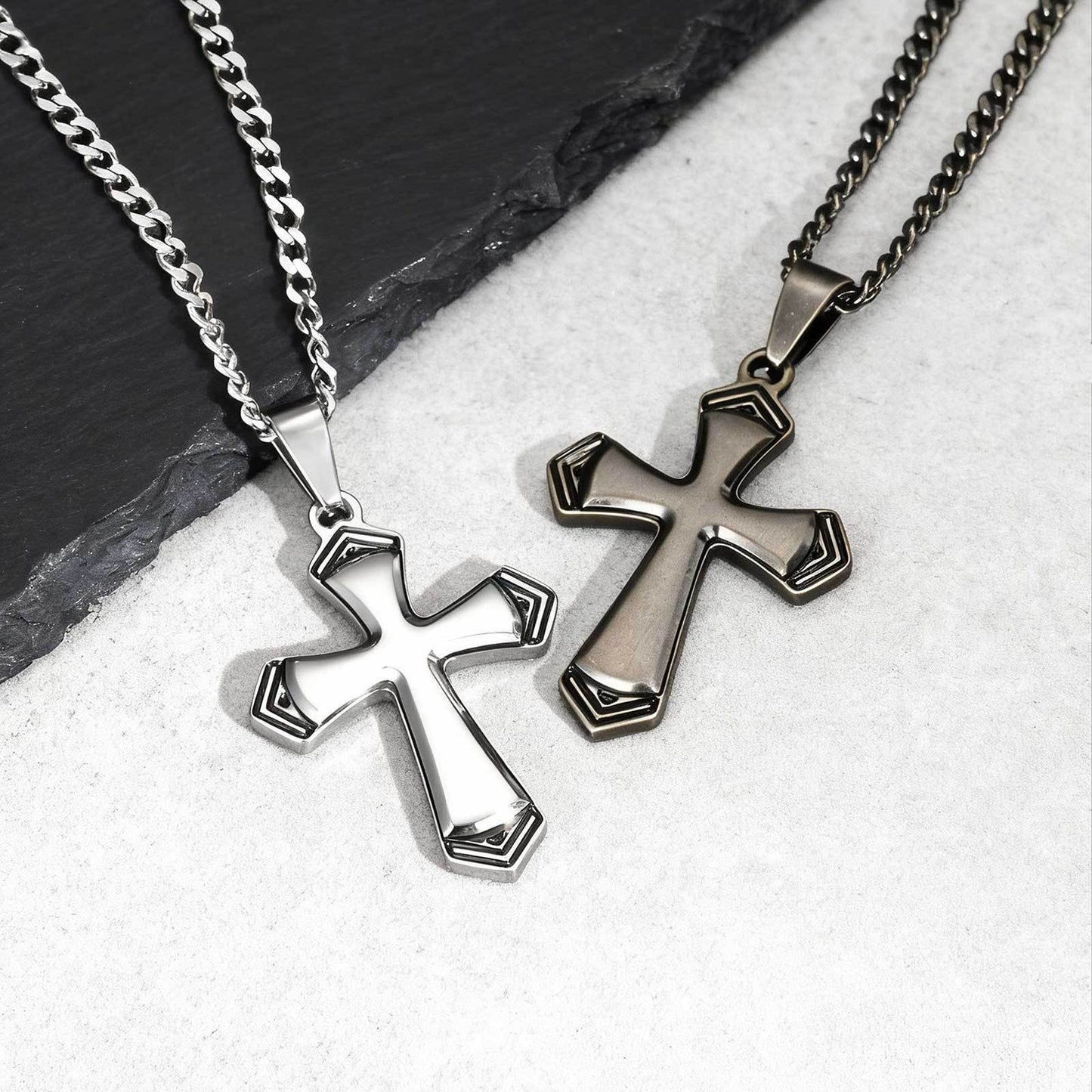 Stainless Steel Baked Black Lacquer Cut Cross Pendant Necklace