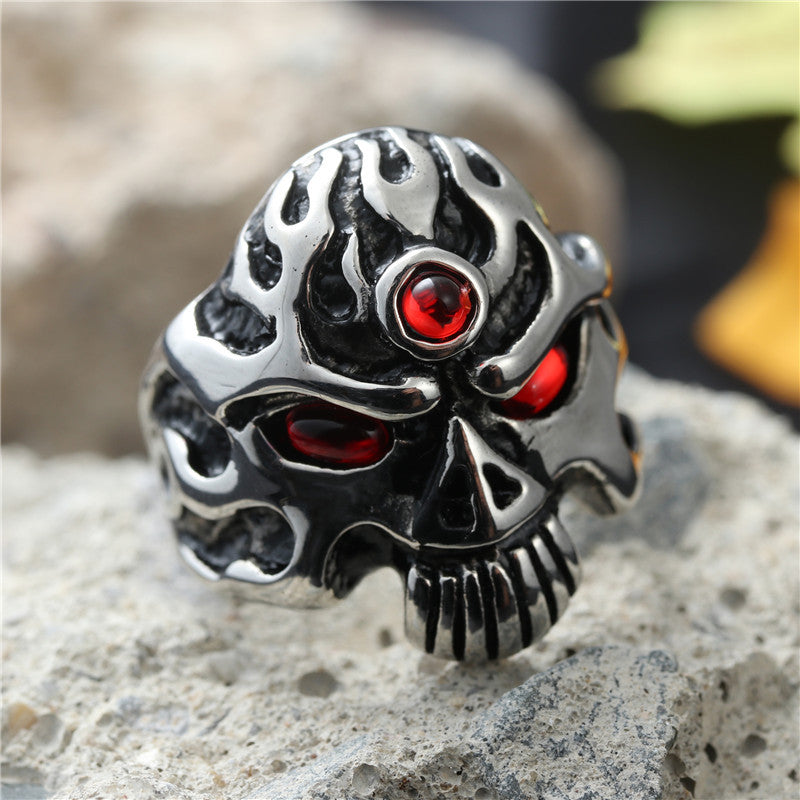 Titanium Steel Retro Punk Flame Skull Ring for Men - European and American Style