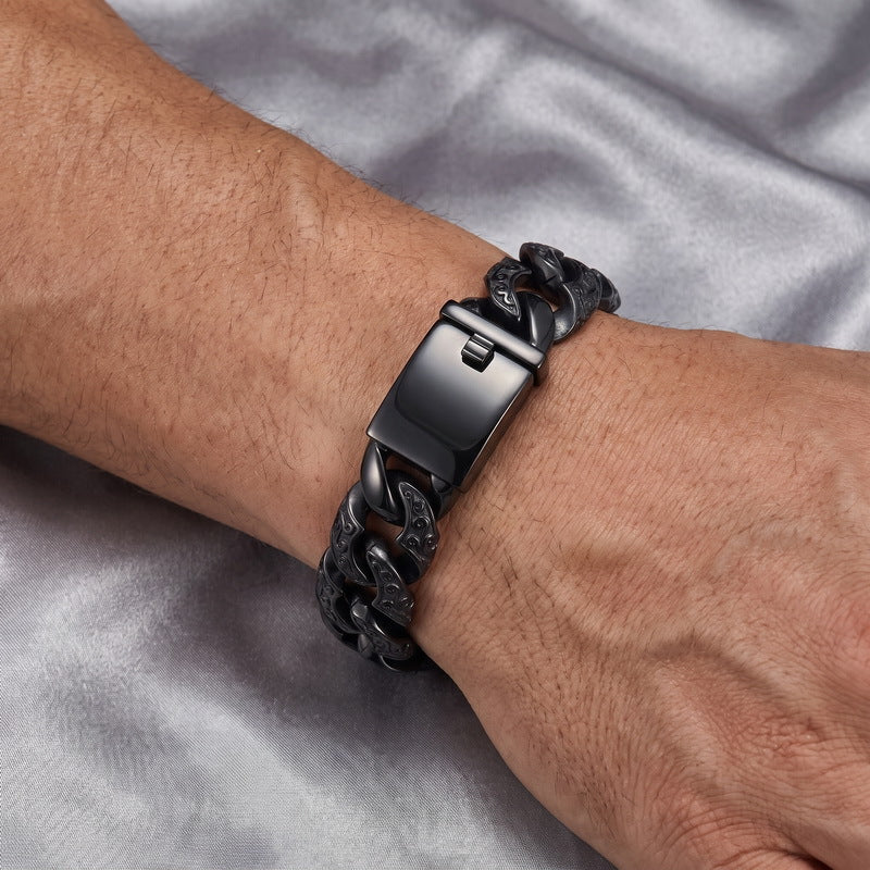 Punk National Style Men's Bracelet Double-Sided Tang Grass Pattern Thick Cuban Chain