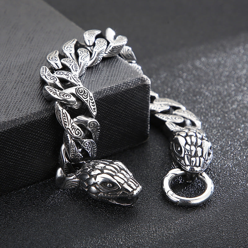 Old Smeared Pattern Snake Head Cuban Chain Bracelet – Punk Style Titanium Steel Men's