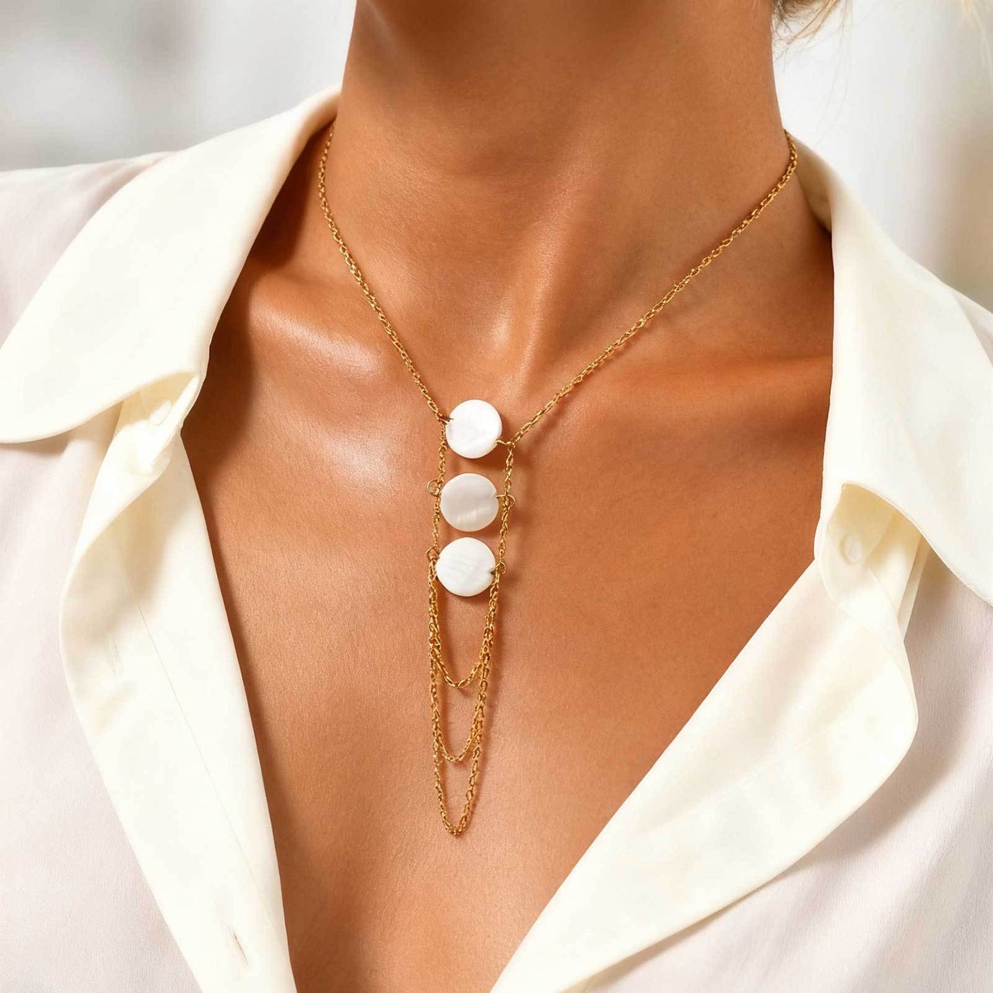 Stainless Steel Layered Geometric Flat Cross Chain Round Shell Piece Y-Shaped Necklace