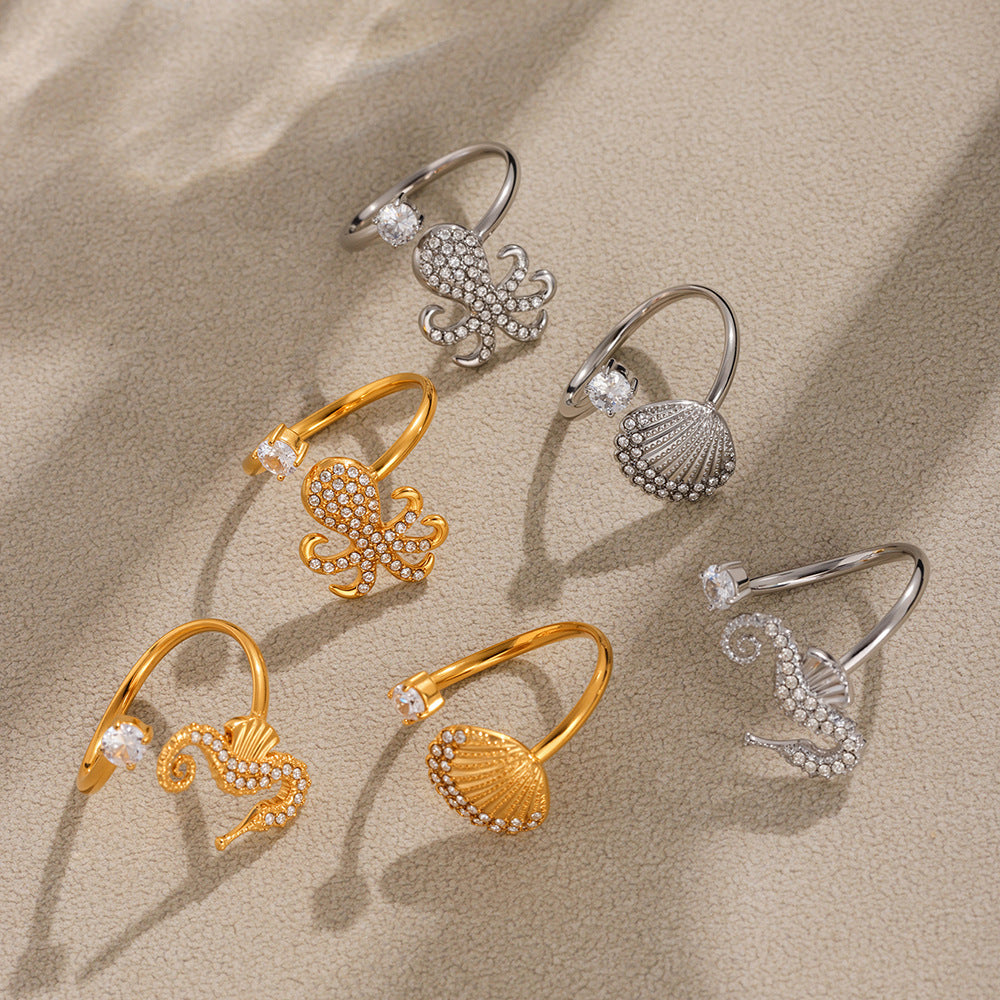 Planderful Zircon Open Marine Life Ring Women Seahorse