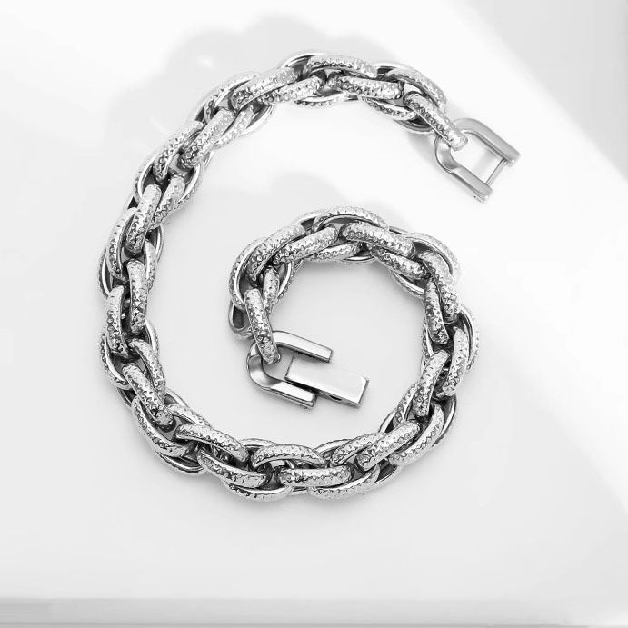 Planderful Jewelry Mens Embossed Mobius Steel Bracelet With Cuban Link Handwoven Design