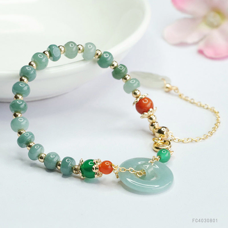 Blue Water Jadeite Leaf & Peace Ring Bracelet