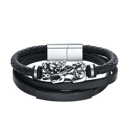 Stainless Steel Pixiu Curved Three-Layer PU Leather Bracelet