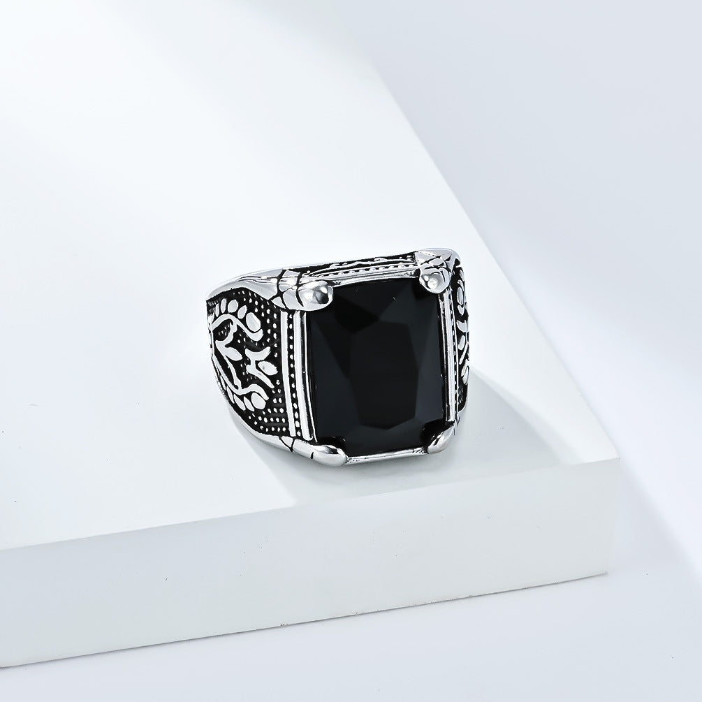 Planderful Men's Titanium Steel Ring With Glass Gem Inlay, European Retro Tulip Design, Bold Fashion Jewelry