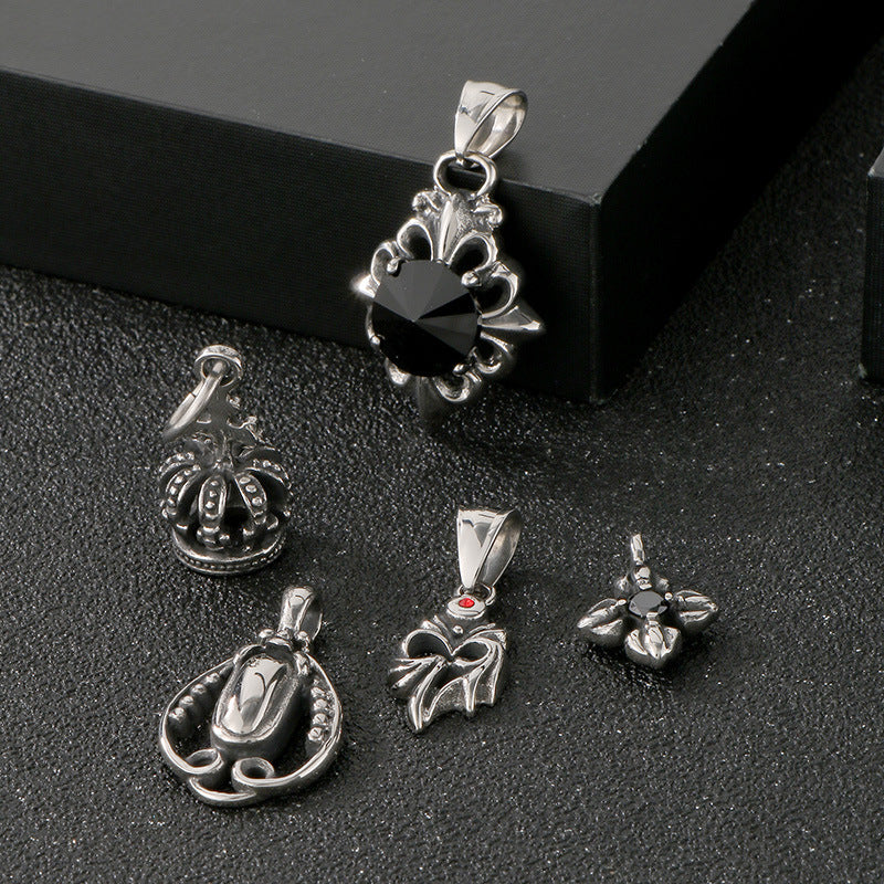 Old Versatile Zircon Cross Flower Sweater Chain, Retro Crown Stainless Steel Men's Pendant. Necklace