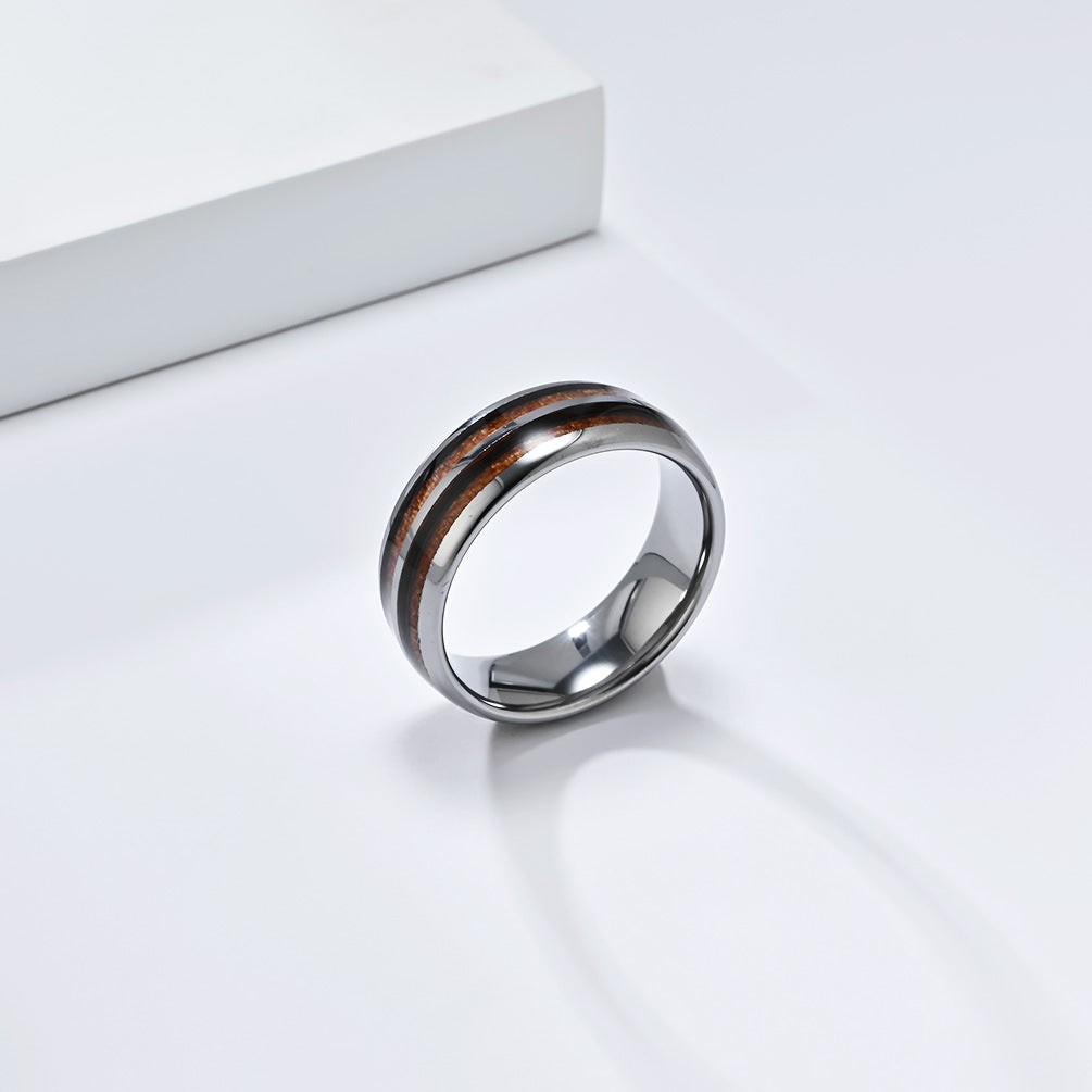 Planderful Tungsten Steel Ring With Parquet Wood Inlay Double Groove Unisex Couple Ring