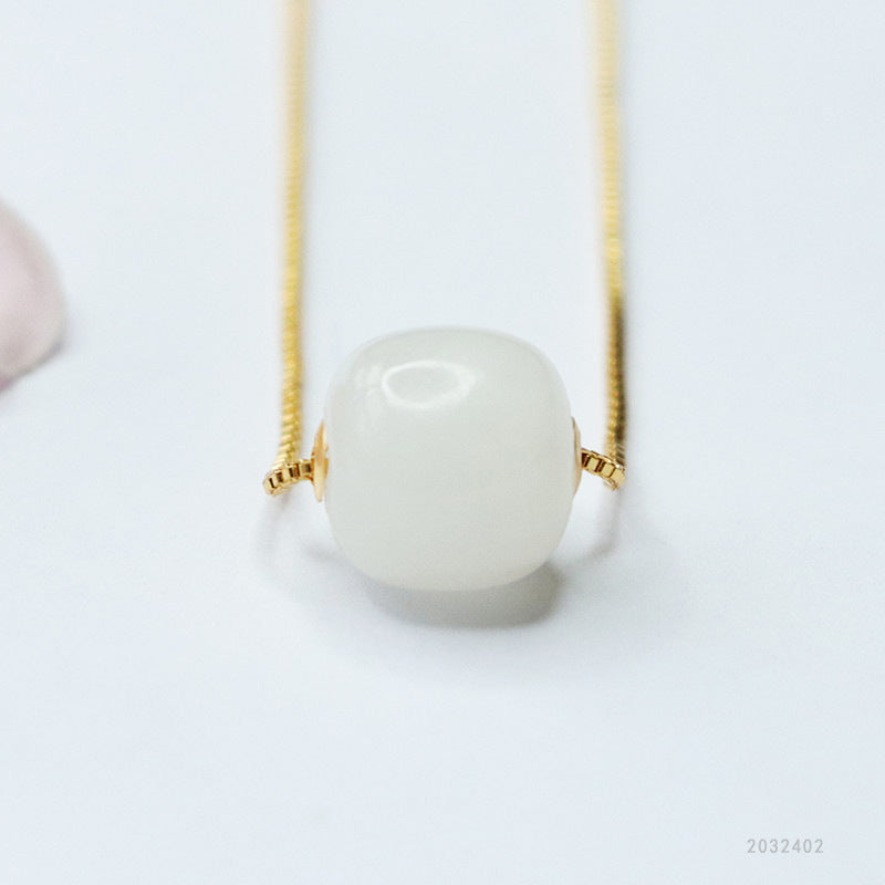 Plated Gold-Set Hetian Jade Vintage Bead Pendant — No Chain