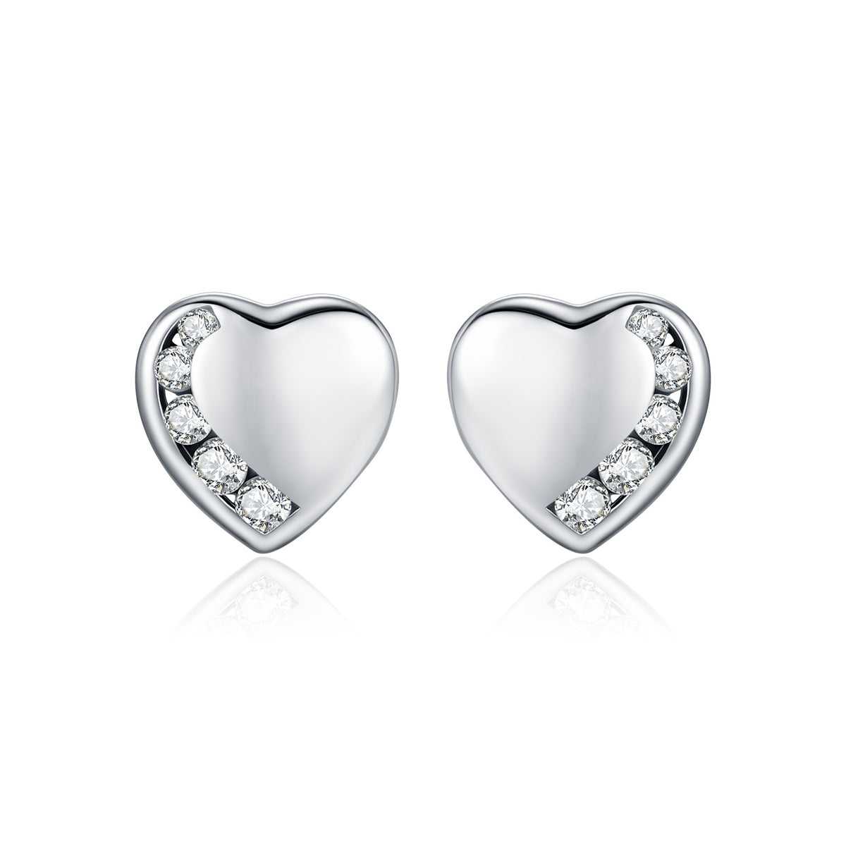 925 Sterling Silver Glossy Heart Zircon Stud Earrings