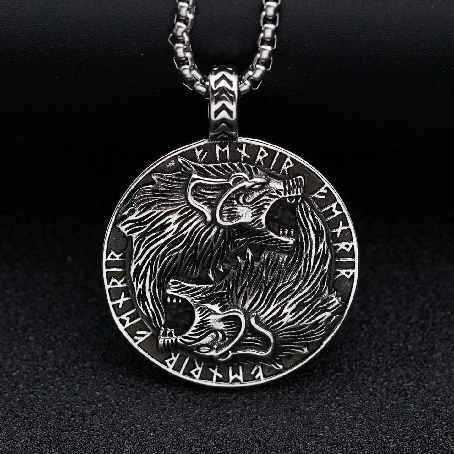 Steel Necklace - Statement Double Wolf Head Pendant