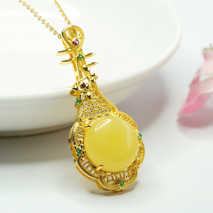 Golden Pipa Necklace with Natural Round Amber Beeswax Pendant - Traditional Chinese Jewelry