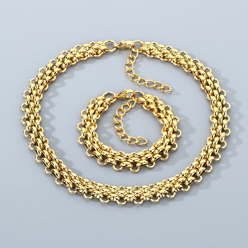 Mens Titanium Steel Triple Row Chain Necklace Bracelet