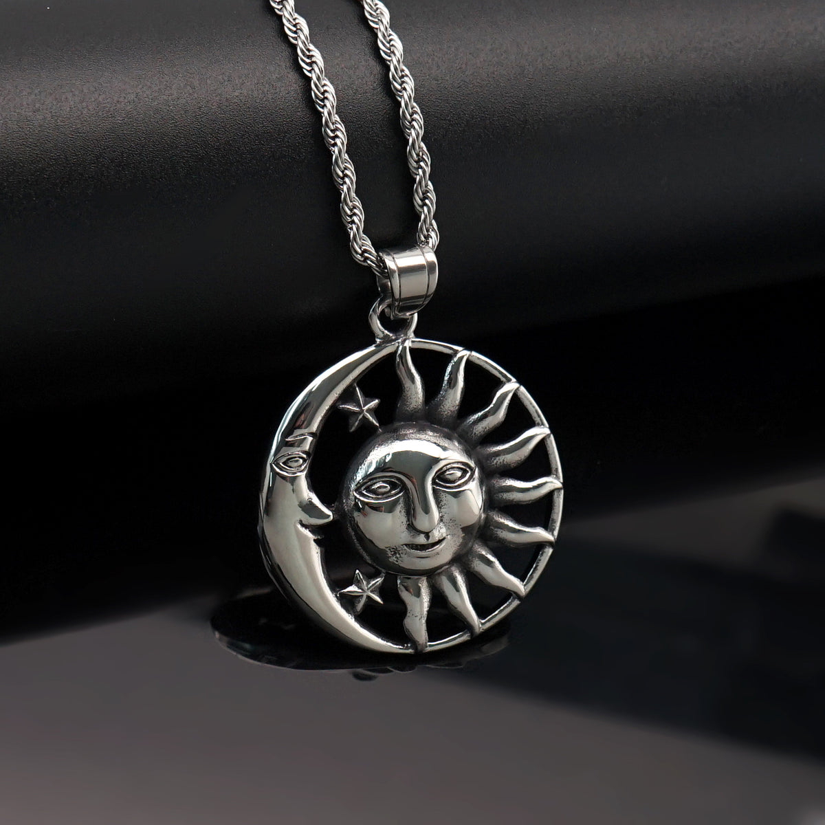 Vintage Moon Sun Stainless Steel Pendant Necklace