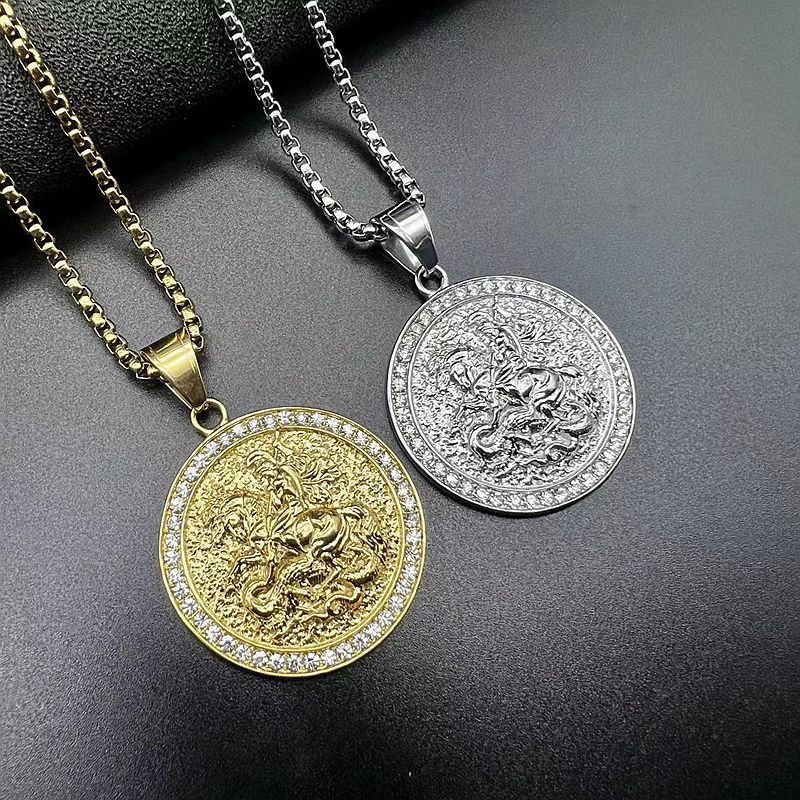 Planderful Everyday Genie Hip Hop Necklace For Men Titanium Steel Gold Plated Zircon St George Dragon Pendant