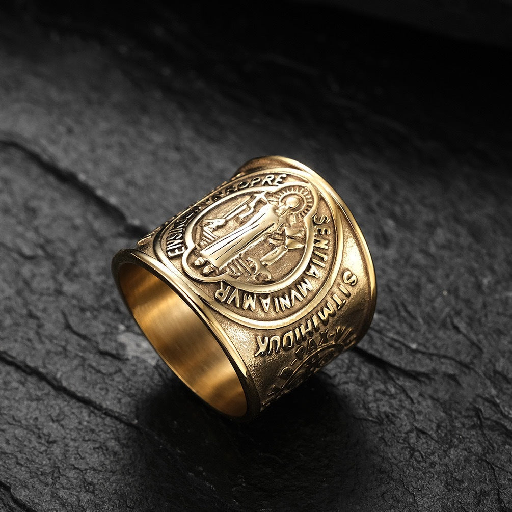 Saint Benedict Ring Stainless Steel Exorcist Symbol Unisex Divine Jewelry Planderful Collection Everyday Genie
