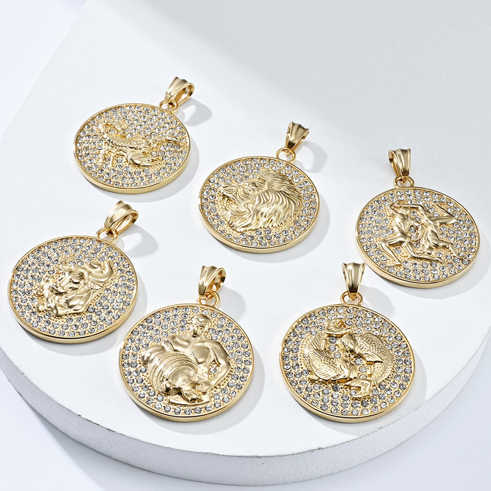 Planderful Twelve Constellations Zircon Titanium Steel Pendant For Hip Hop Style Fans