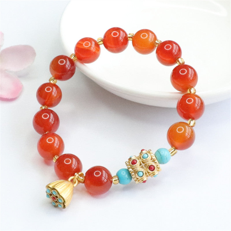 Lotus Tassel Sterling Silver Bracelet with Natural Red Agate and Chalcedony