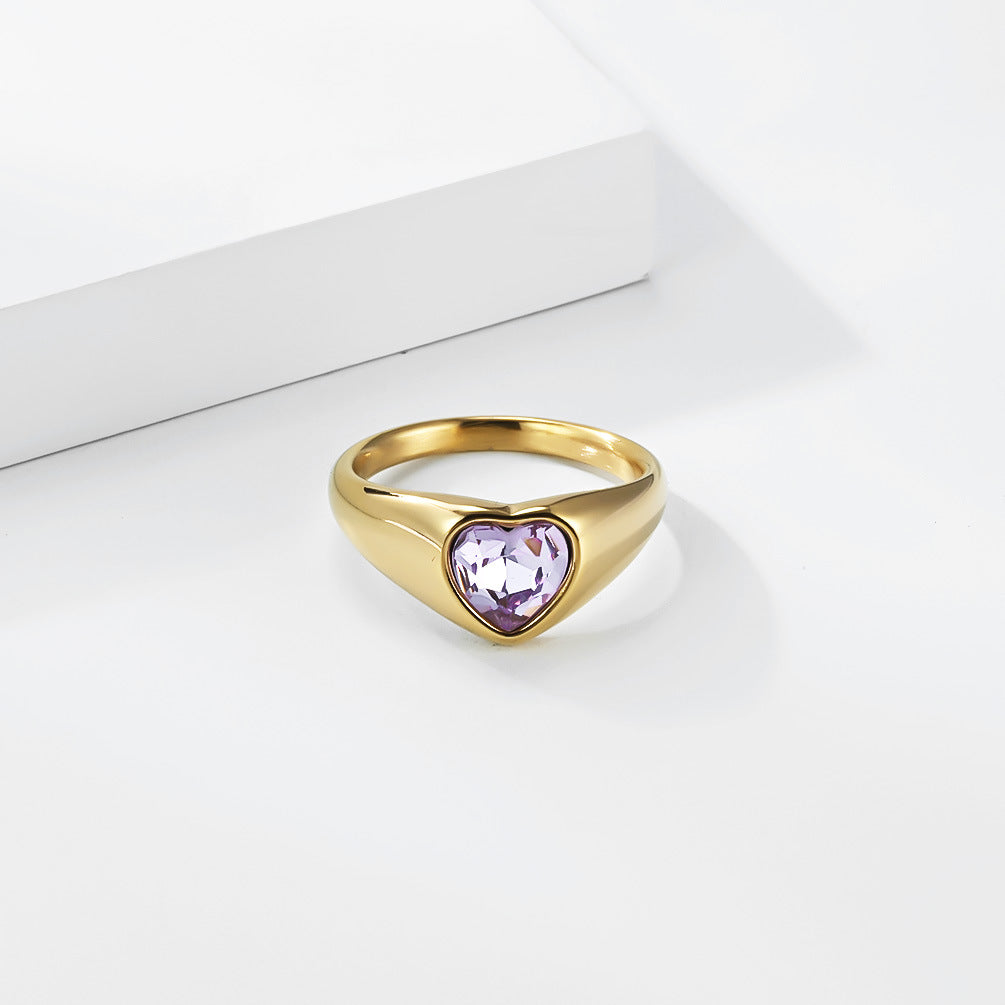 Zircon Ring – Elegant Heart-Shaped Gold-Plated Steel