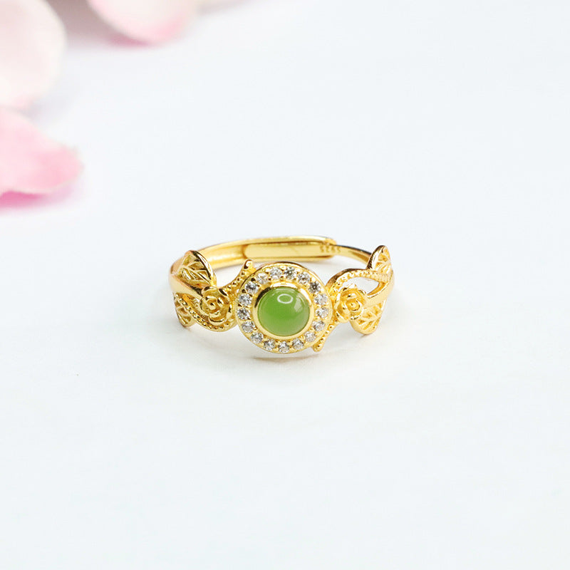 Elegant S925 Silver Natural Hotan Jade Jasper Flower Leaf Zircon Ring