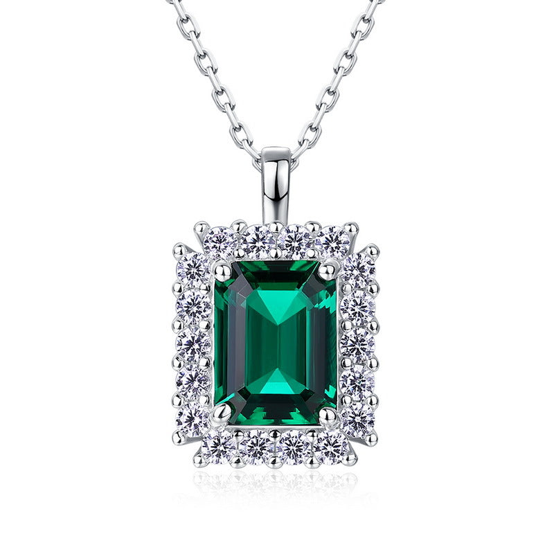Planderful Jewelry Sterling Silver Lab Grown Emerald Necklace With Vintage Zircon Halo, Elegant Gift