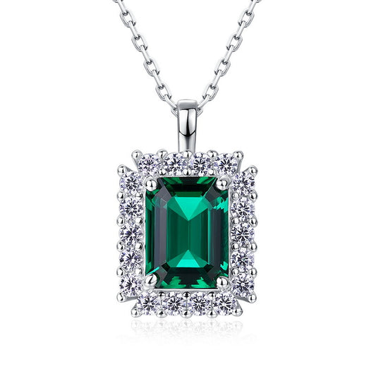 Planderful Jewelry Sterling Silver Lab Grown Emerald Necklace With Vintage Zircon Halo, Elegant Gift