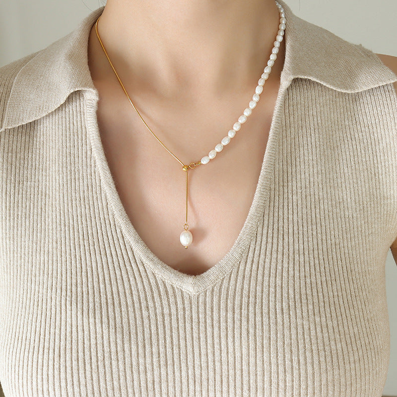 Elegant Snake Bone Chain Necklace with Freshwater Pearls