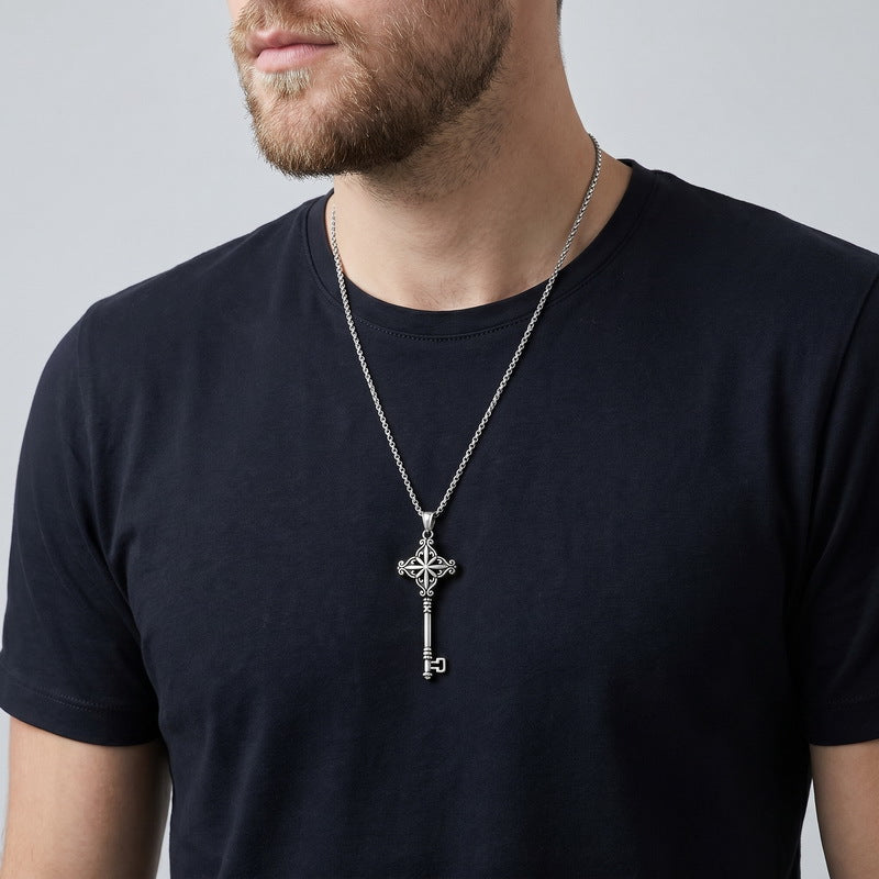 Gothic Snake Wrapped Rune Key Dark Vintage Labyrinth Cross Pattern Stainless Steel Necklace