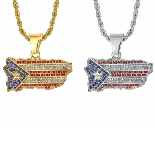 Planderful Hip Hop Puerto Rican Flag Pendant Necklace Stainless Steel Zircon Diamonds Unisex Statement