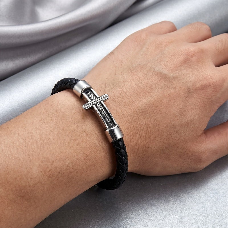 Wheat Ear Cross Curved Bar Woven Leather Bracelet Old Round Stainless Steel