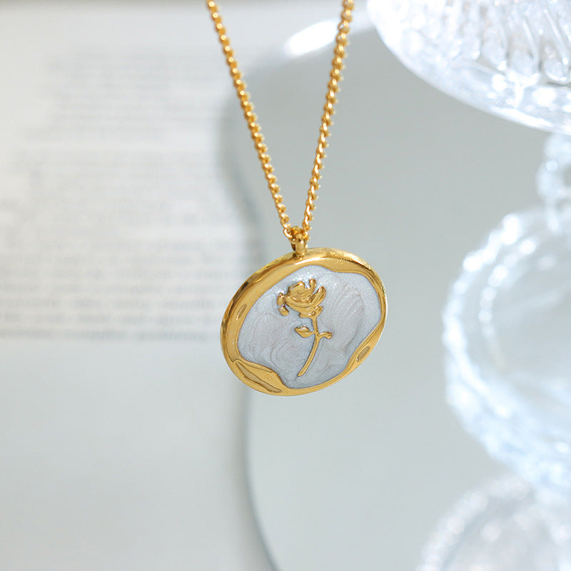 French Style Enamel Rose Pendant Necklace with Gold Plating