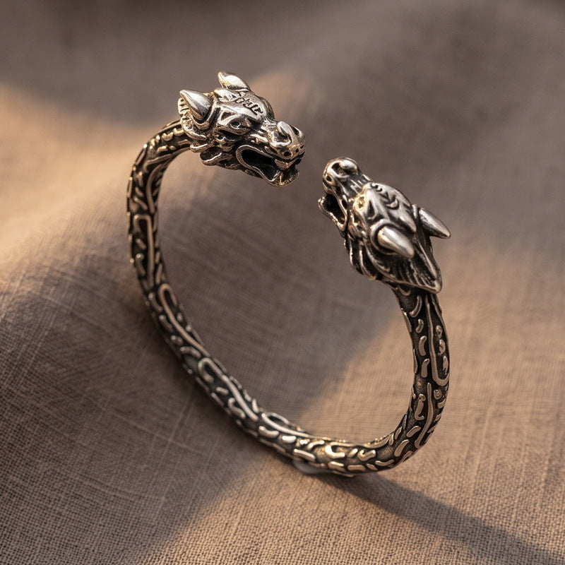 Nordic Viking Double-Headed Animal Head C-Shaped Open Bracelet Double-Headed Dragon